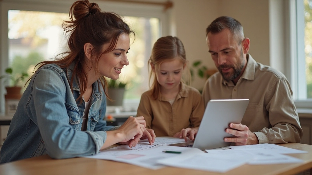 Семья планирует бюджет за кухонным столом с планшетом и документами