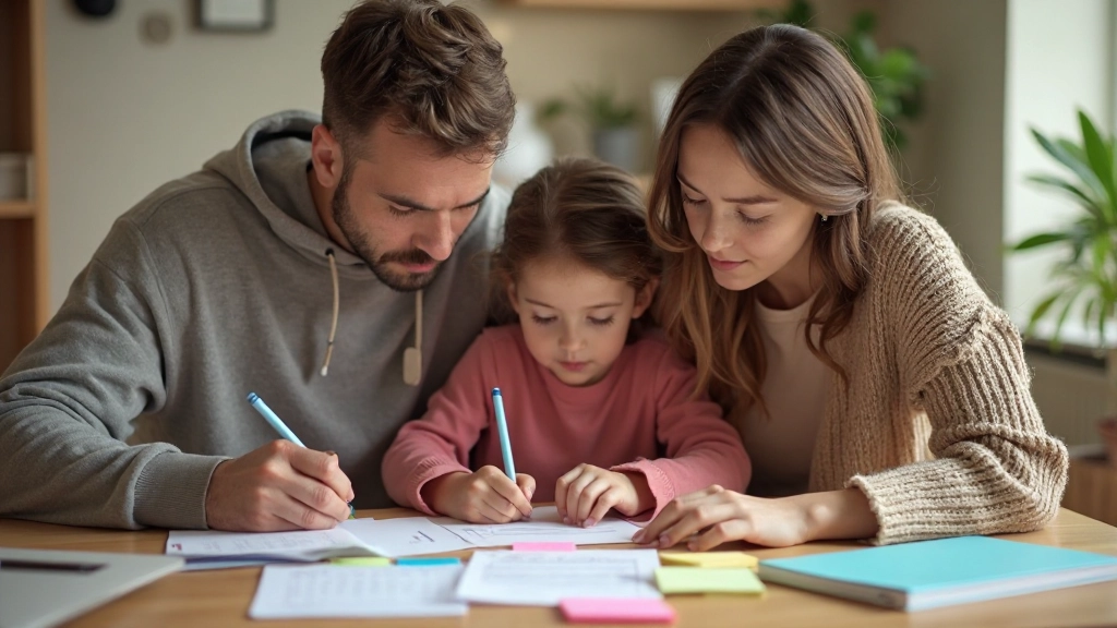 Родители и дети планируют семейные финансовые цели, размещая стикеры на доске мечты